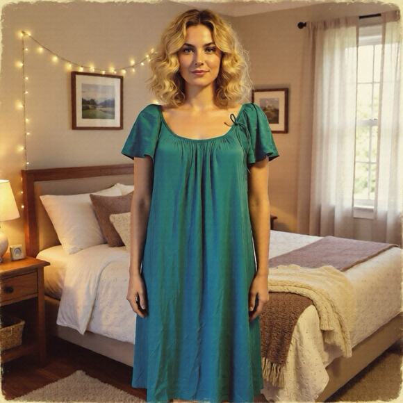 Vtg VanityFair Nightgown Robe Peignoir Everydaywear Nylon Turquoise USA Fairy S - Picture 1 of 8